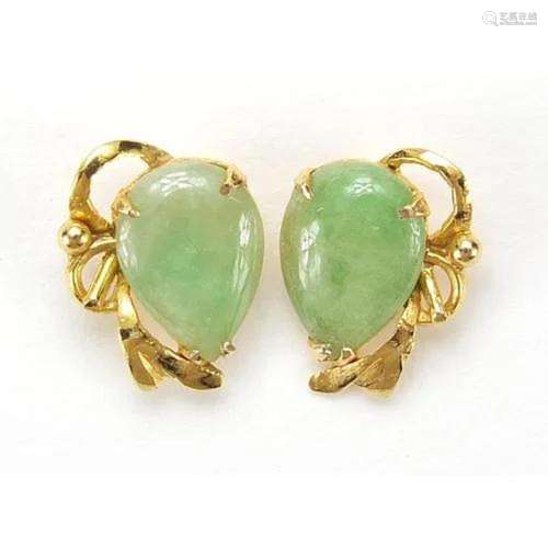 Pair of unmarked high carat gold jade stud earrings, 1.1cm h...