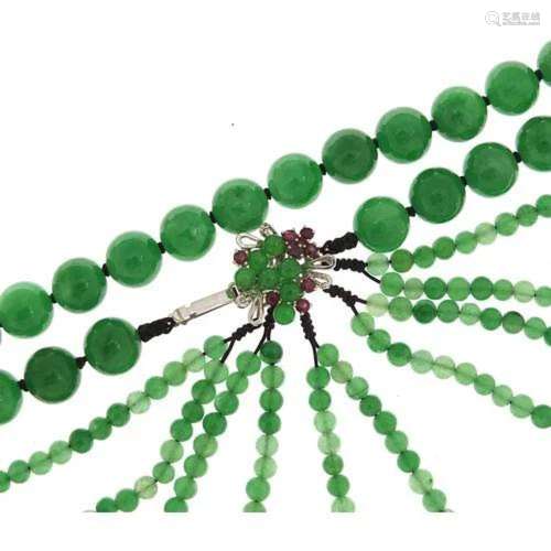 Chinese green jade bead necklace with 14ct white gold and ru...