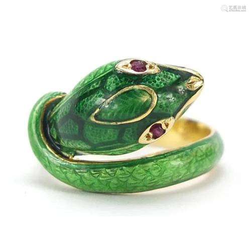 18ct gold and enamel snake design ring with red stone eyes, ...