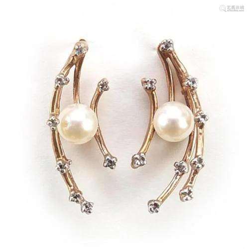 Pair of 9ct rose gold pearl and diamond drop earrings, 2.2cm...