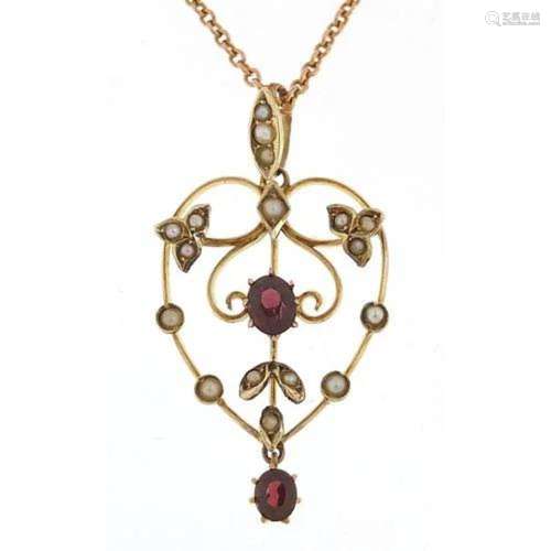 Art Nouveau 9ct gold garnet and seed pearl pendant on a 9ct ...