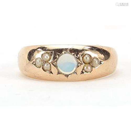9ct gold opal and seed pearl ring, size O, 1.9g