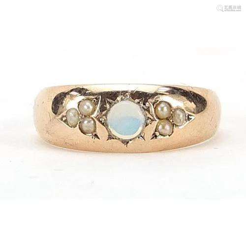 9ct gold opal and seed pearl ring, size O, 1.9g