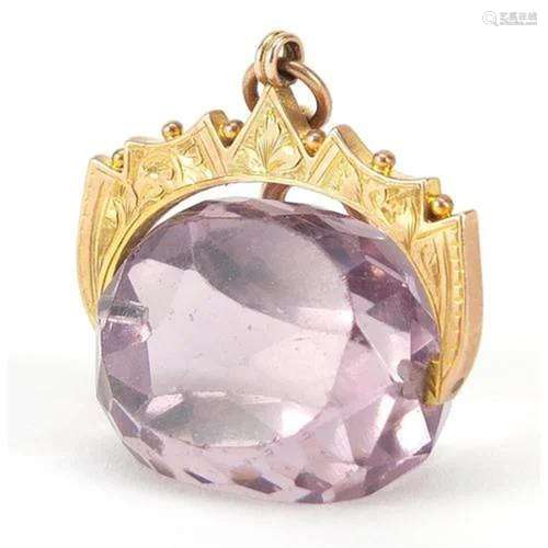 Edwardian 9ct gold amethyst spinner fob, Chester 1910, 3.2cm...