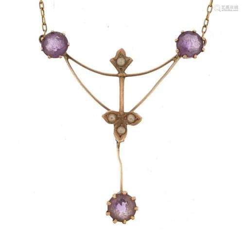 Art Nouveau 9ct gold amethyst and seed pearl necklace, 40cm ...