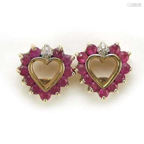 Pair of 9ct gold ruby and diamond love heart stud earrings, ...