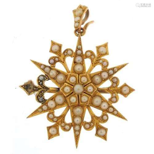 18ct gold seed pearl star burst brooch pendant, 3.7cm high, ...
