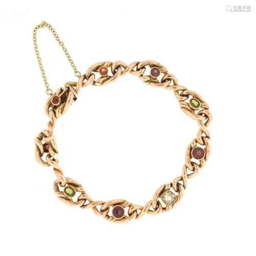 9ct rose gold multi gem bracelet, 18cm in length, 13.0g