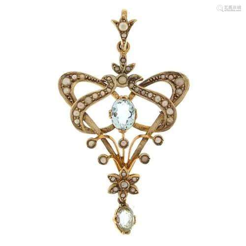 Art Nouveau 9ct gold blue stone and seed pearl pendant, poss...