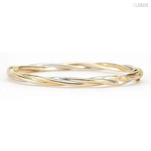 9ct two tone gold hinged bangle, 7cm wide, 6.4g