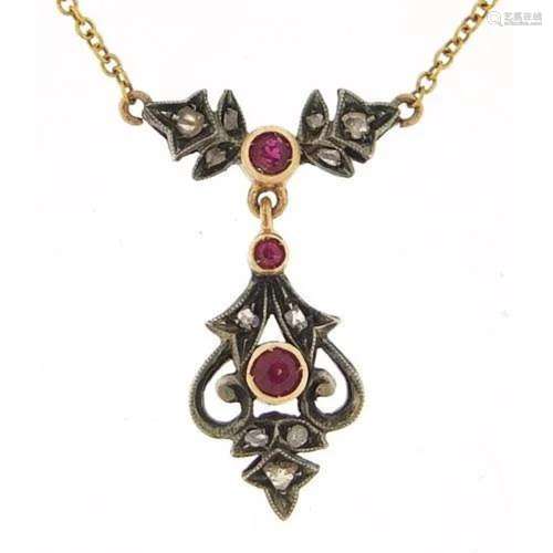 9ct gold ruby and diamond necklace, 40cm in length, 4.1g
