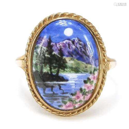 9ct gold porcelain ring, hand painted with a moonlit river, ...