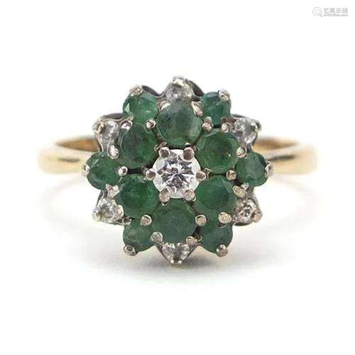 9ct gold emerald and diamond three tier cluster ring, size M...