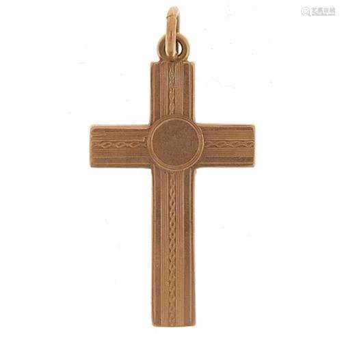 9ct gold cross pendant with engine turned decoration, 5cm hi...