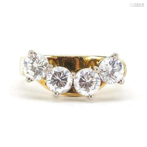 18ct gold cubic zirconia four stone ring, size I, 5.0g