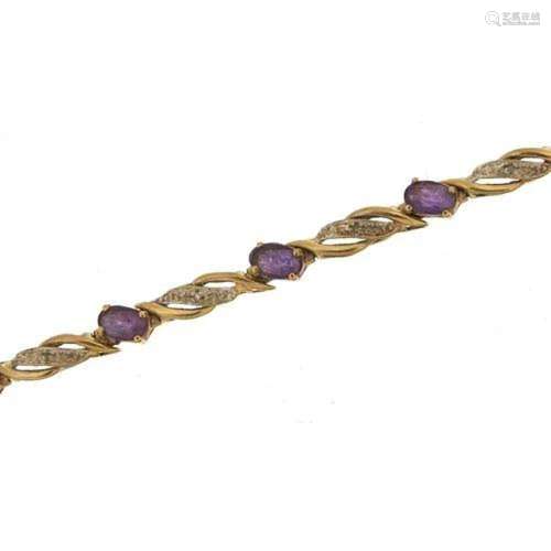 9ct gold amethyst and diamond bracelet, 17cm in length, 6.2g