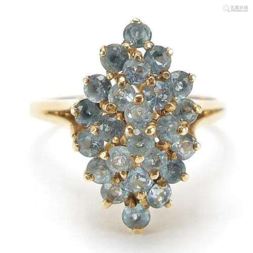 9ct gold blue stone cluster ring, size O, 4.6g