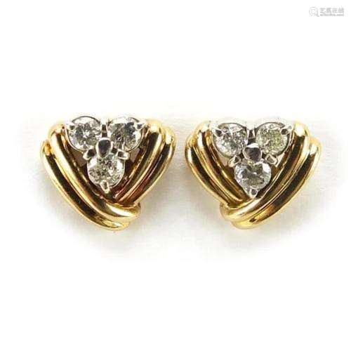 Pair of unmarked high carat gold diamond cluster earrings, 1...
