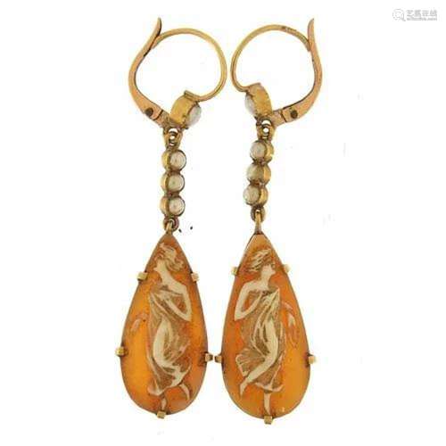 Pair of 9ct gold cameo and pearl drop earrings, 5.0cm high, ...