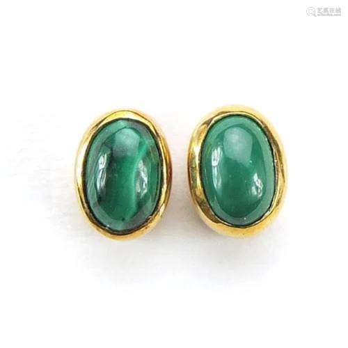 Pair of 9ct gold cabochon malachite stud earrings, 7mm high,...