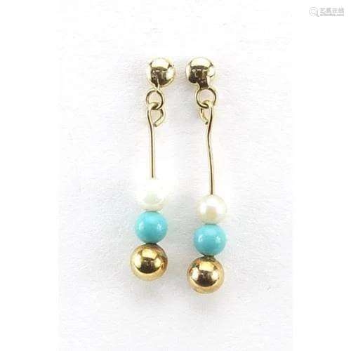 Pair of 9ct gold pearl and turquoise drop earrings, 2cm high...