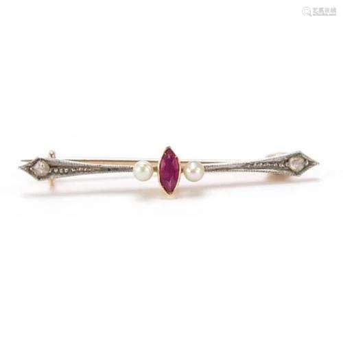 Gold and platinum ruby, diamond and pearl bar brooch, indist...
