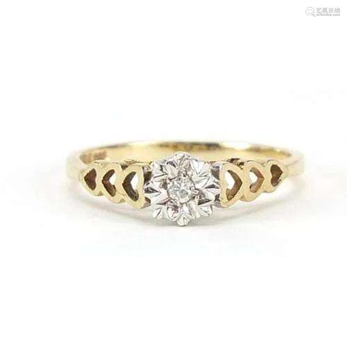 9ct gold diamond solitaire ring with pierced love heart shou...