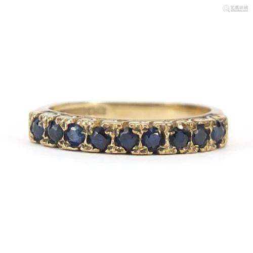 9ct gold sapphire nine stone half eternity ring, size O, 2.7...