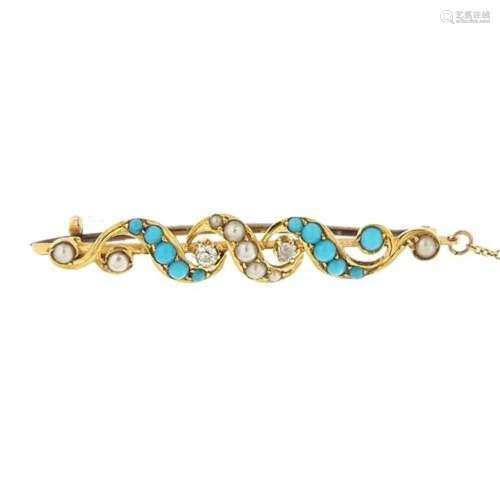 15ct gold diamond, turquoise and pearl bar brooch, 4.5cm in ...