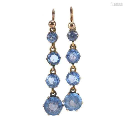 Pair of 9ct gold blue stone drop earrings, 2.7cm high, 1.8g