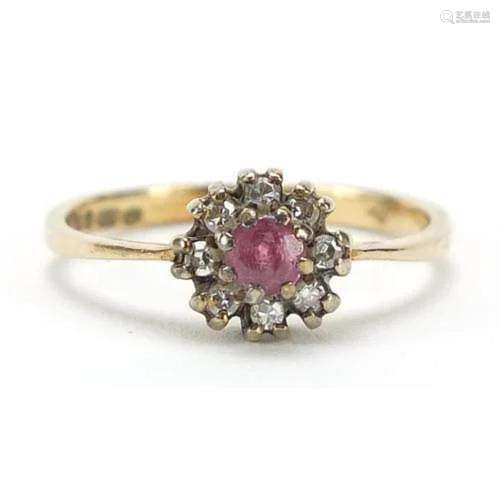 9ct gold ruby and diamond flower head ring, size L, 1.5g