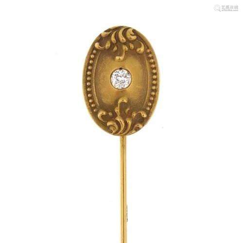 Unmarked gold diamond solitaire stick pin, 7cm high, 2.5g