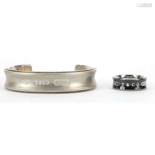 Tiffany & Co silver and titanium cuff bangle and ring wi...
