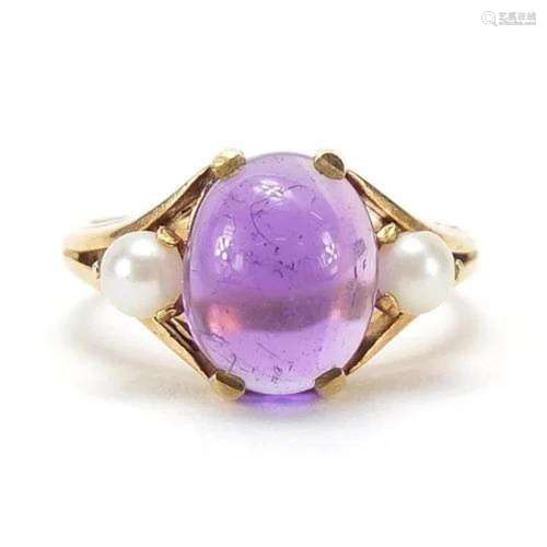 9ct gold cabochon amethyst and cultured pearl ring, size I, ...
