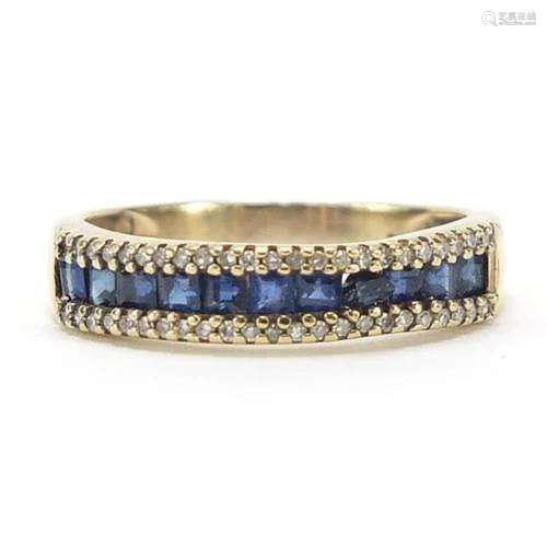 9ct gold sapphire and diamond three row ring, size O, 2.2g