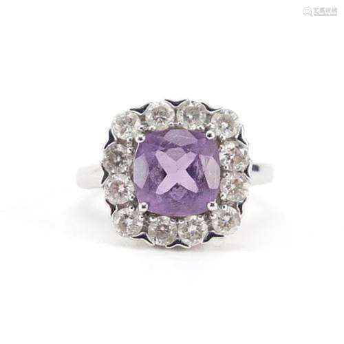 9ct white gold amethyst and diamond ring, each diamond appro...