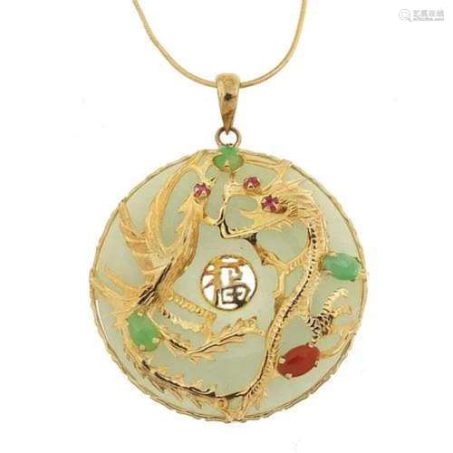 14ct gold Chinese jade dragon pendant on 14ct gold necklace,...