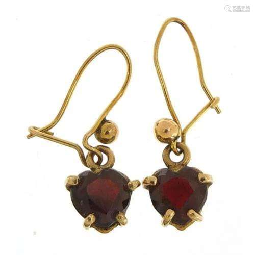 Pair of 9ct gold garnet love heart drop earrings, 2.4cm high...