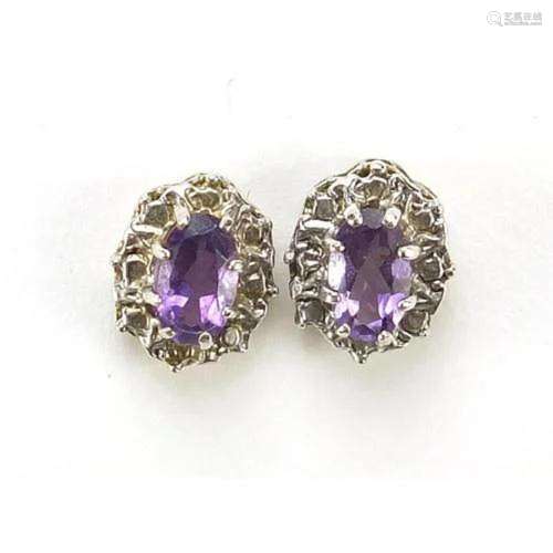 Pair of 9ct gold amethyst and diamond cluster stud earrings,...