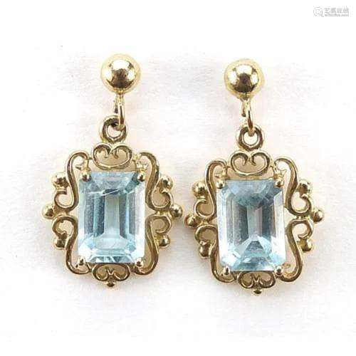 Pair of 9ct gold blue stone drop earrings, 1.8cm high, 1.5g