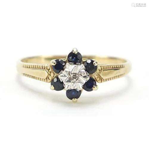 9ct gold sapphire and diamond flower head ring, size I/J, 1....