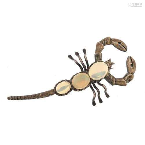 Unmarked silver and opal scorpion brooch, 6cm wide, 7.3g