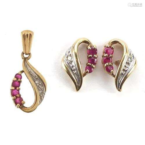 9ct gold diamond and ruby pendant and earrings, the pendant ...