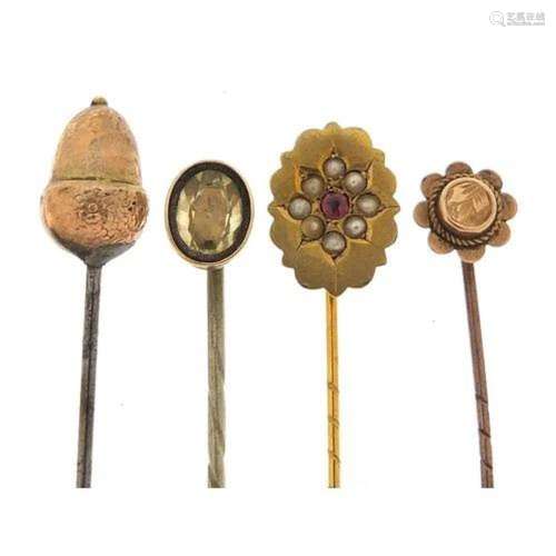 9ct gold acorn hatpin and three antique stickpins including ...