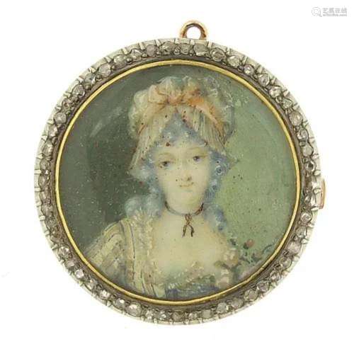 Antique unmarked gold and diamond portrait brooch pendant, h...