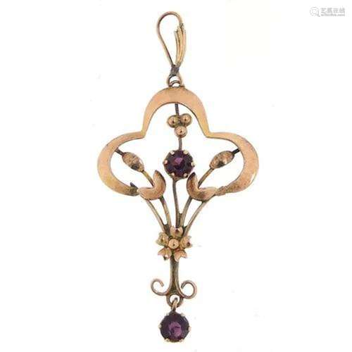 Art Nouveau 9ct gold garnet pendant, 4.7cm high, 1.5g