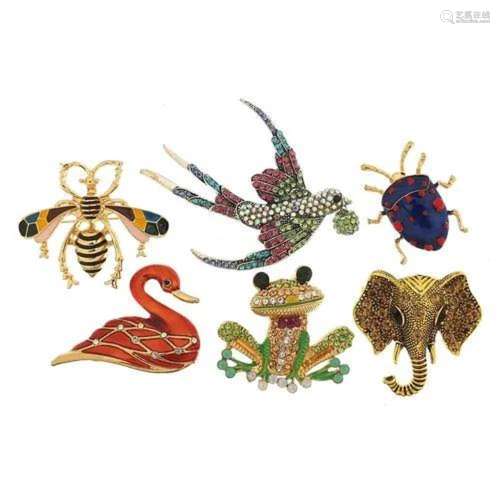 Six jewelled and enamel animal and insect brooches including...