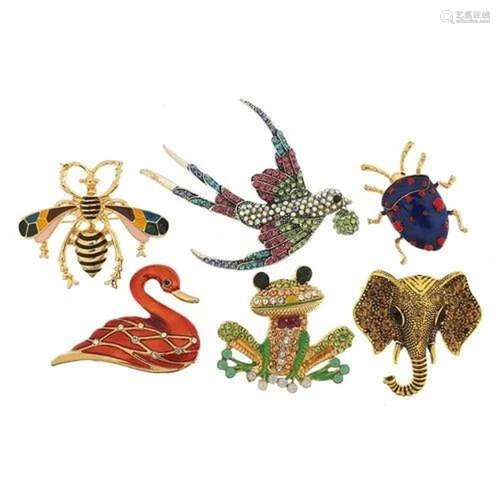 Six jewelled and enamel animal and insect brooches including...