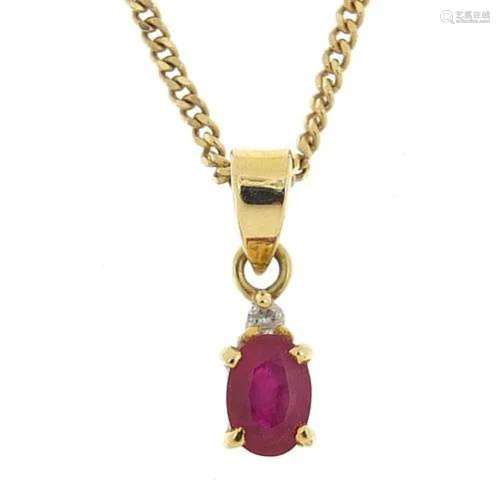 9ct gold ruby and diamond pendant on a 9ct gold necklace, 1....