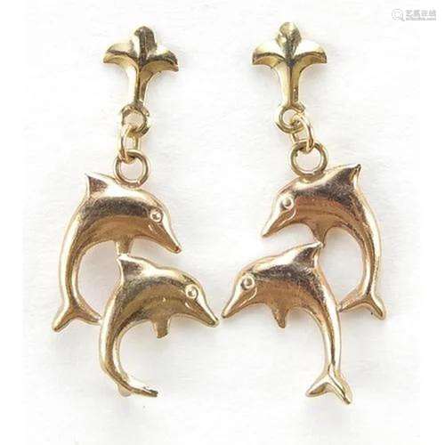 Pair of 9ct gold dolphin drop earrings, 2.5cm high, 0.4g